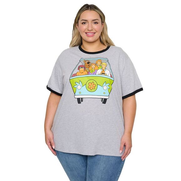 New Women's Plus Size Scooby-Doo T-Shirt Ringer Mystery Machine Heather Gray - Picture 1 of 6